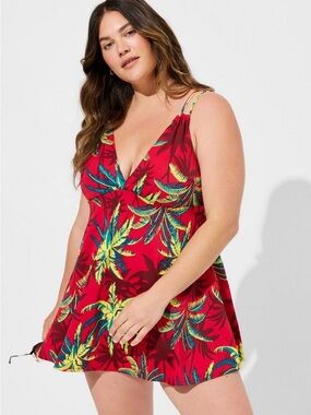 Torrid Red Tropical Shadow Retro Wireless Plunge Swim Dress Swimsuit Size 1